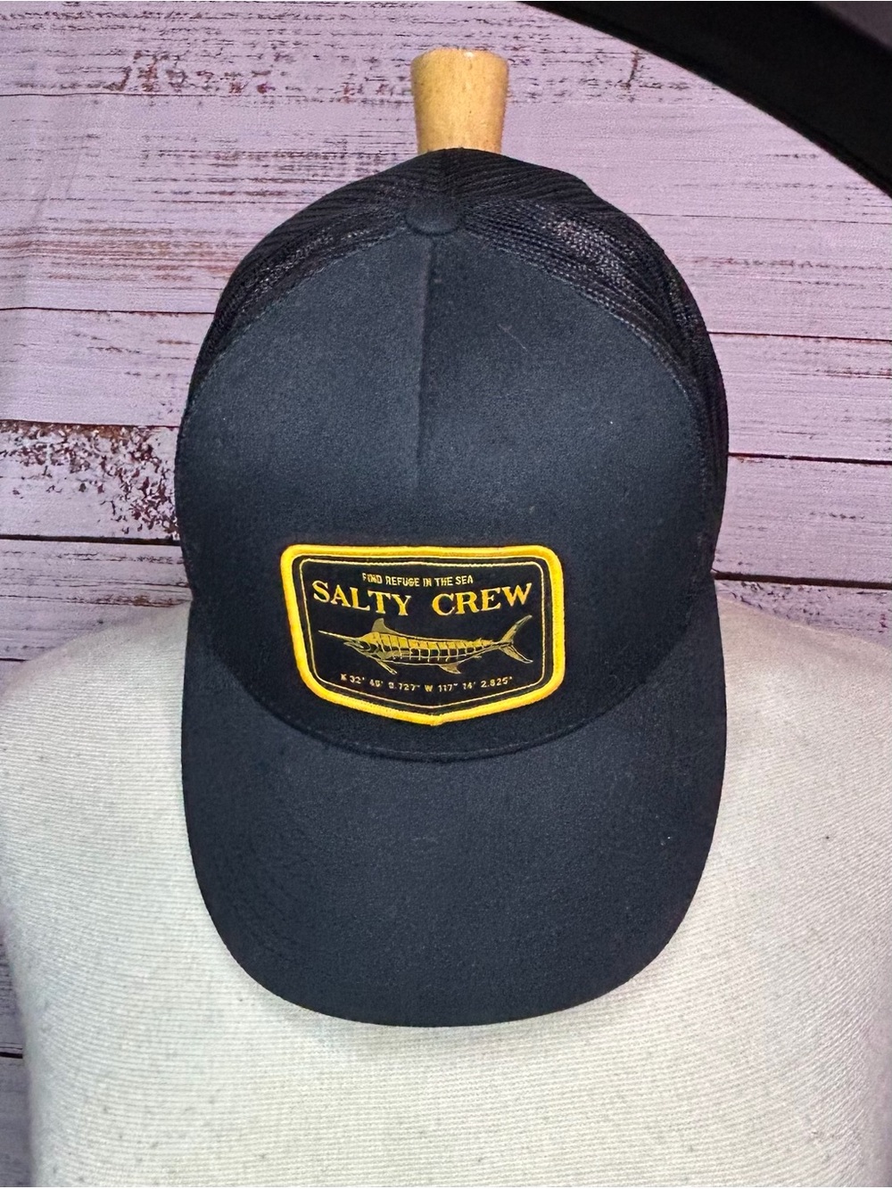 Salty Crew Black Cap with Yellow Patch - Marlin Logo Trucker